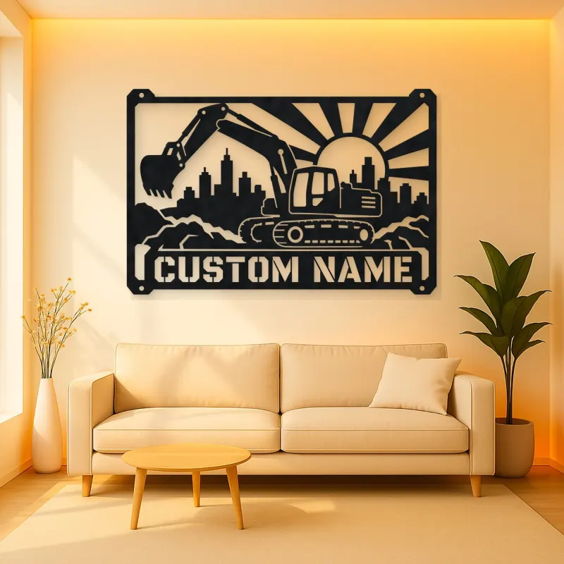 Personalized Excavator Metal Wall Art with Construction Skyline