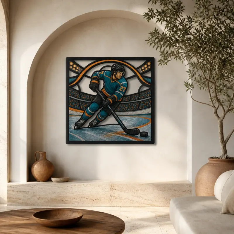 Ice Hockey Player Skating in Arena Colorful Metal Wall Art