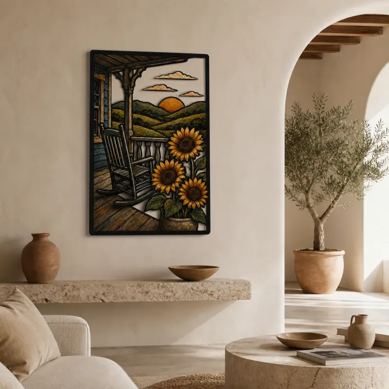 Farmhouse Porch Rocking Chair with Sunflowers Colorful Metal Wall Art