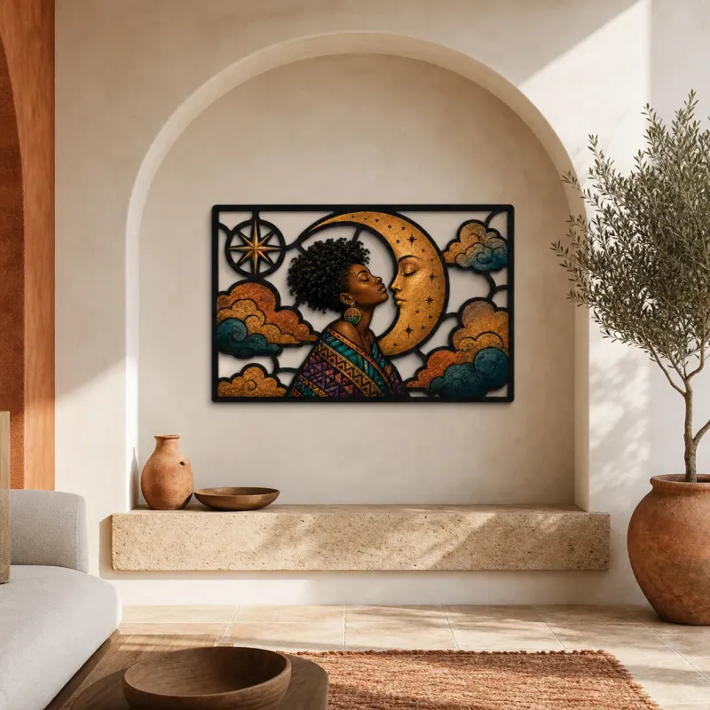Afro Woman Embracing Crescent Moon among Clouds Colorful Metal Wall Art