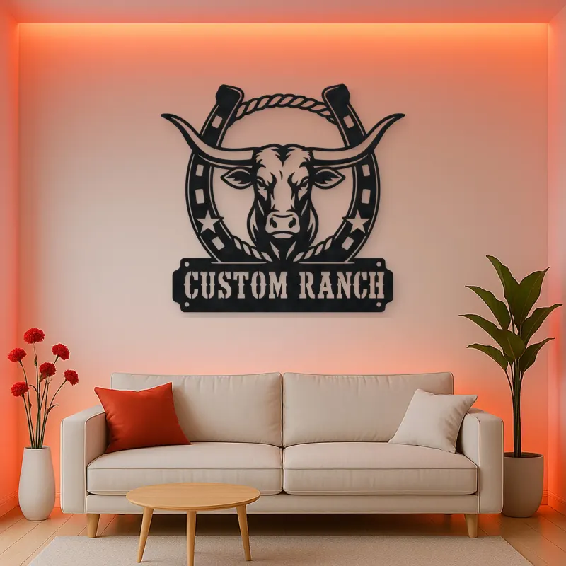 Personalized Longhorn Ranch Metal Wall Art with Horseshoe Frame