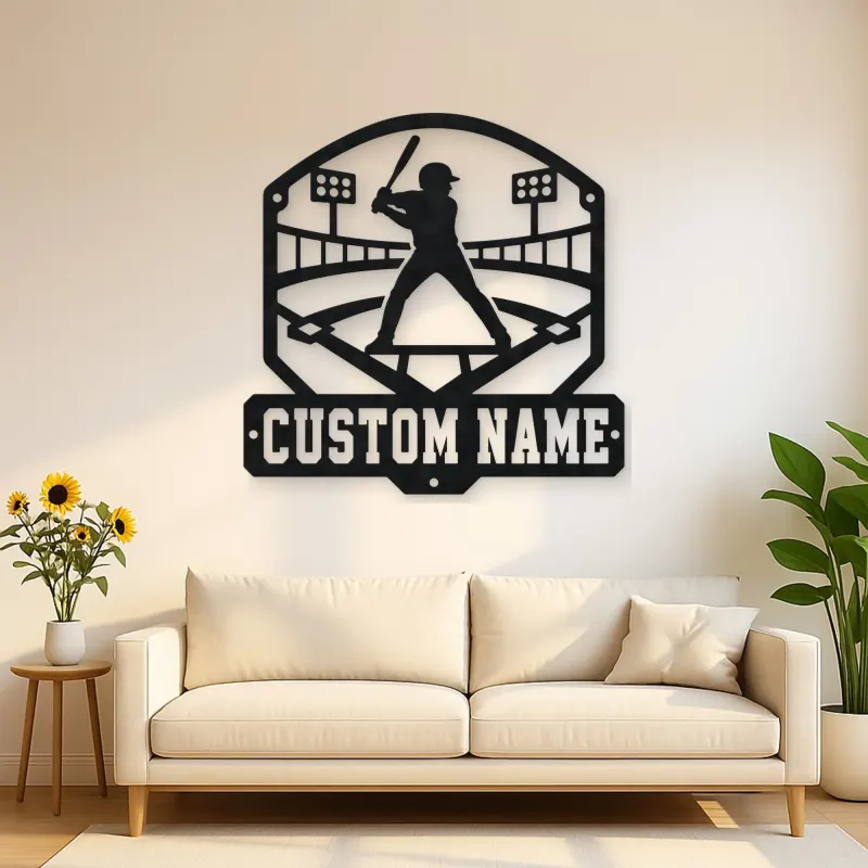 Personalized Baseball Batter Stadium Lights Metal Wall Art