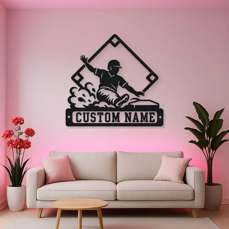 Personalized Baseball Player Sliding Home Metal Wall Art