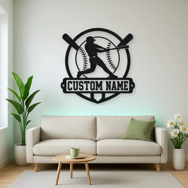 Personalized Baseball Batter Crossed Bats Metal Wall Art