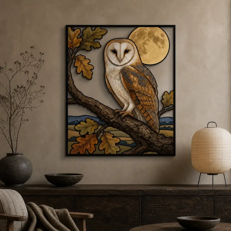 Barn Owl on Oak Branch beneath Full Moon Colorful Metal Wall Art