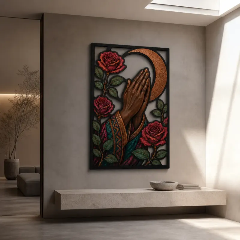 Praying Hands with Red Roses and Crescent Moon Colorful Metal Wall Art
