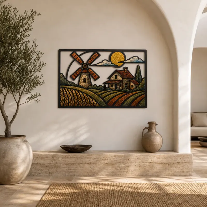 Country Windmill Farm beneath Golden Sun Colorful Metal Wall Art