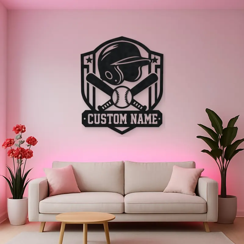 Personalized Baseball Helmet Crossed Bats Shield Metal Wall Art