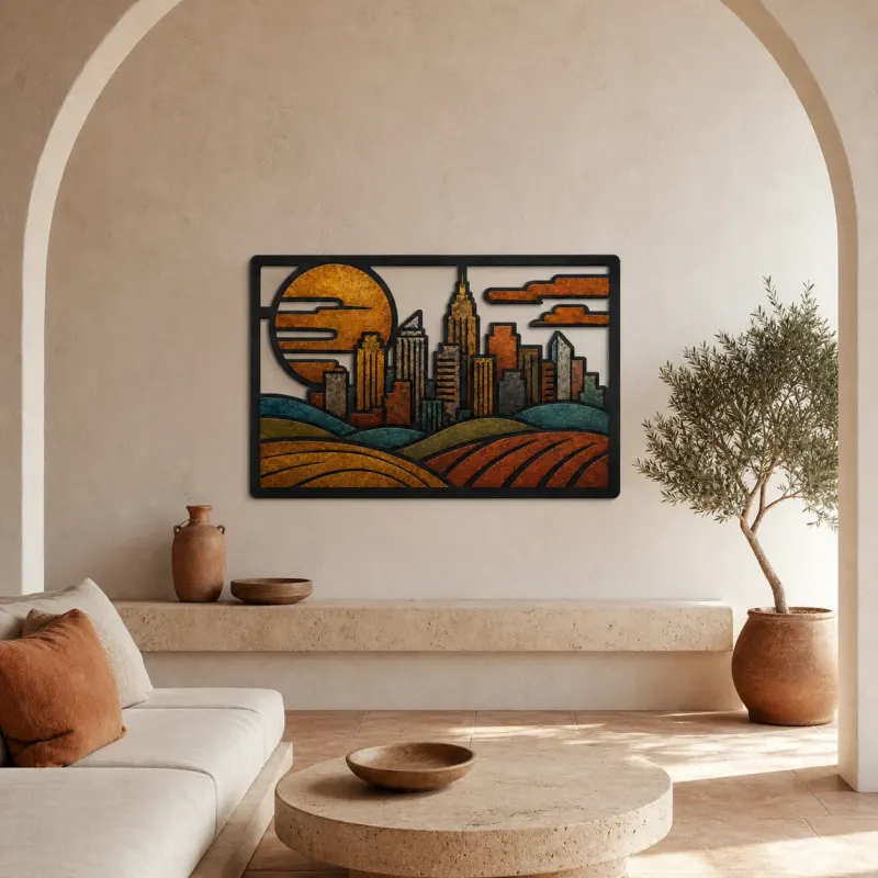 Mid Century City Skyline over Rolling Fields Colorful Metal Wall Art