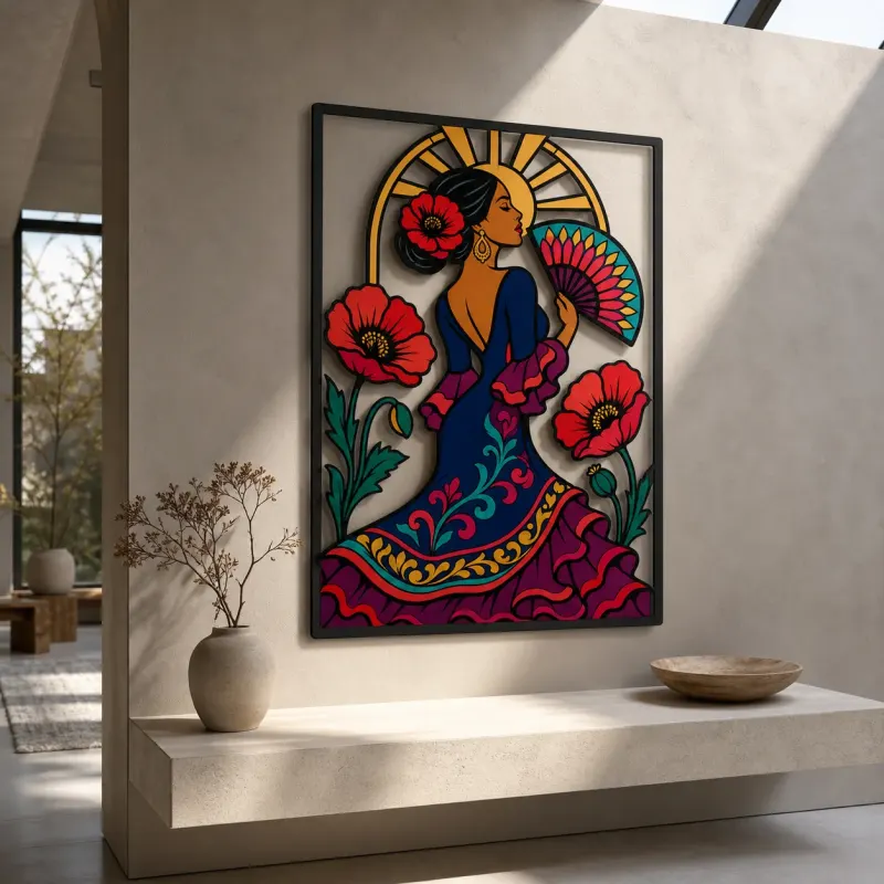 Flamenco Dancer with Colorful Fan and Red Poppies Metal Wall Art