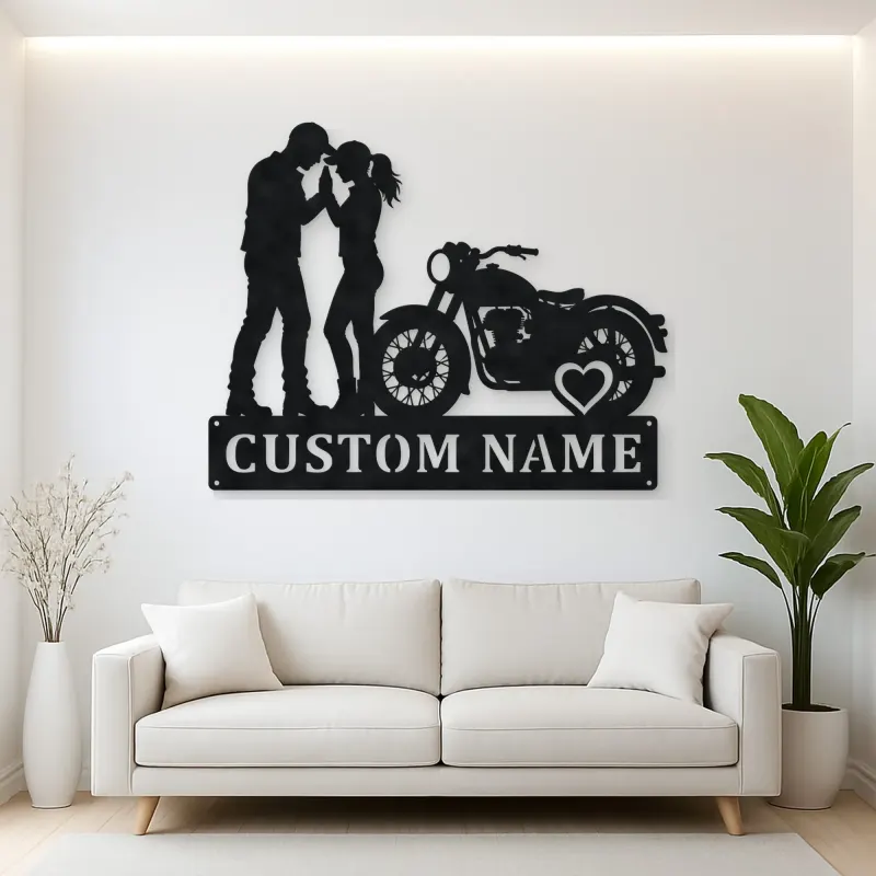Personalized Vintage Motorcycle Couple Metal Wall Art with Heart