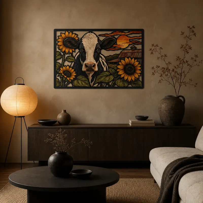 Holstein Cow with Sunflowers by Rustic Barn Colorful Metal Wall Art