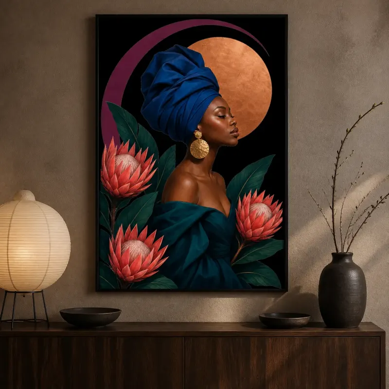 Black Woman in Blue Headwrap with Protea Flowers Colorful Metal Wall Art
