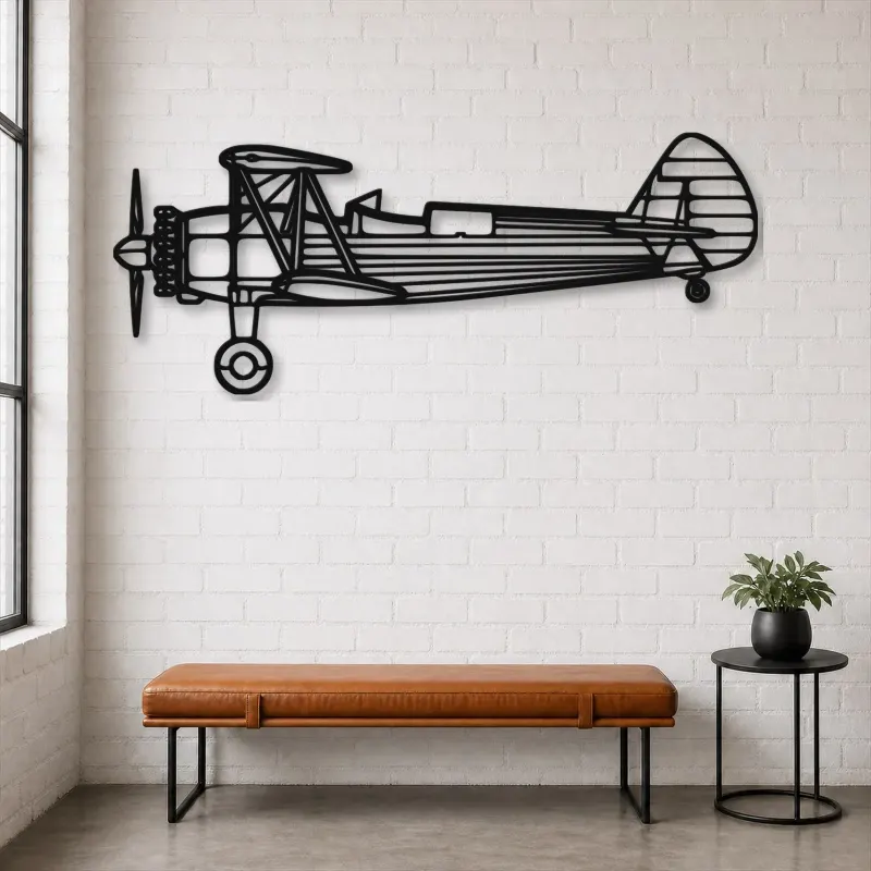 Silhouette in Metallo dell'Aereo Stearman 75, Insegna in Metallo, Decorazione da Parete Aeronautica, Decorazione per Aviatori