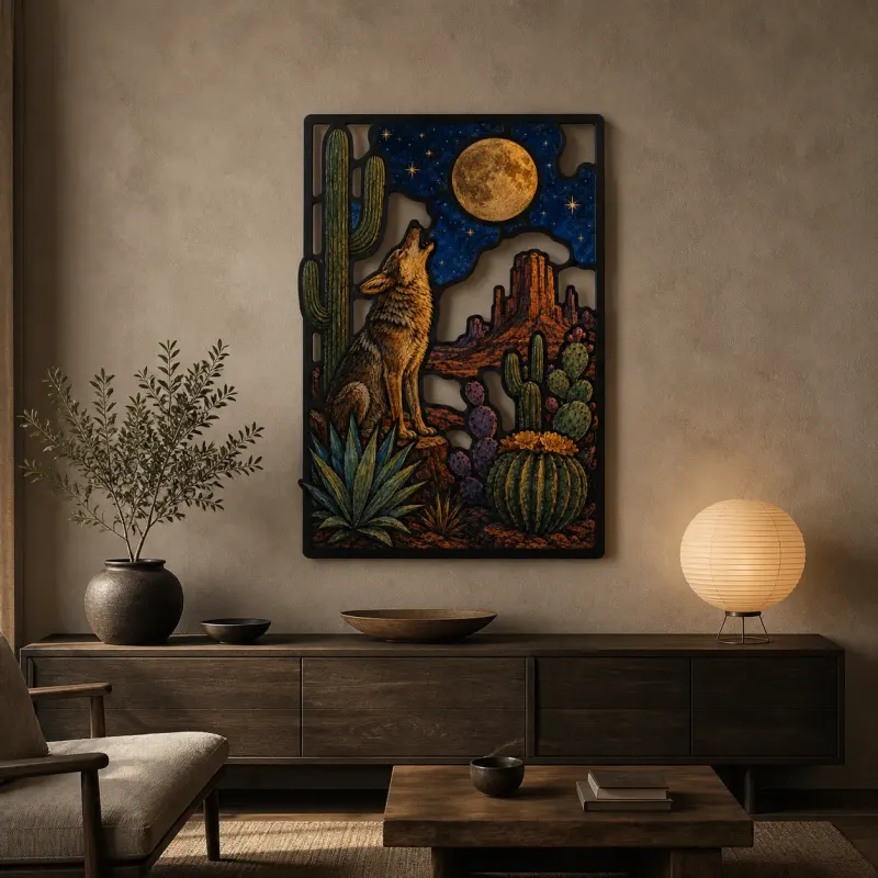 Coyote Howling beneath Full Moon in Desert Colorful Metal Wall Art