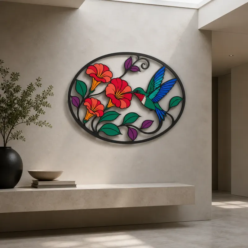 Hummingbird with Trumpet Flowers in Oval Frame Colorful Metal Wall Art