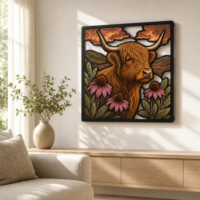 Highland Cow with Pink Coneflowers and Rolling Hills Colorful Metal Wall Art