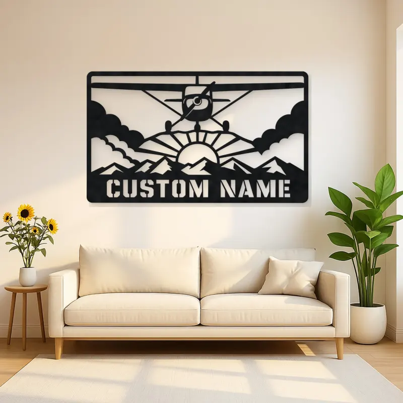 Personalized Propeller Airplane Metal Wall Art with Mountains