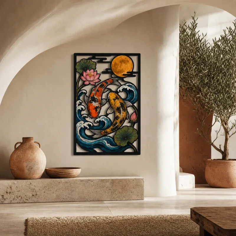 Koi Pair in Ocean Waves beneath Full Moon Colorful Metal Wall Art
