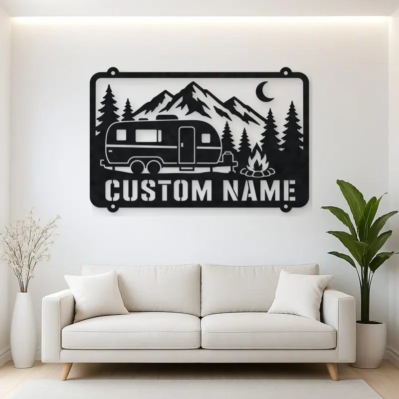 Personalized Camper Trailer Metal Wall Art with Mountain Camp