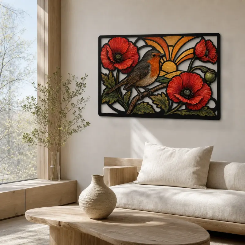 Robin among Red Poppies at Sunrise Colorful Metal Wall Art