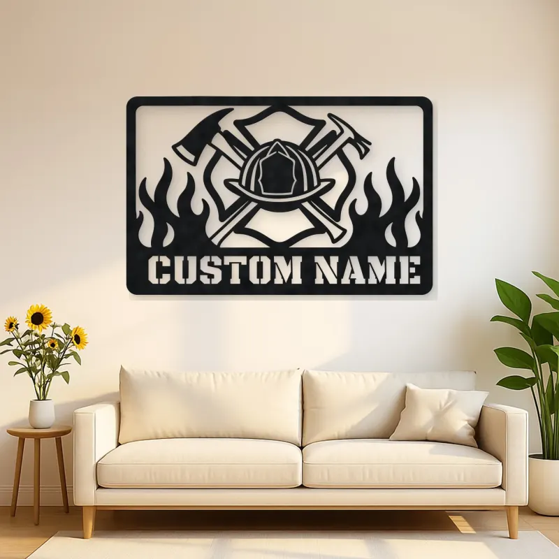Personalized Firefighter Helmet Metal Wall Art with Flames