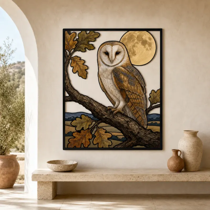 Barn Owl on Oak Branch beneath Full Moon Colorful Metal Wall Art