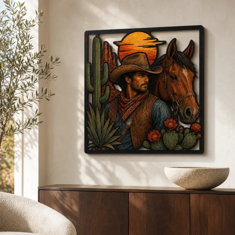 Bunter Cowboy mit Braunem Pferd, Kaktus und Wildblumen