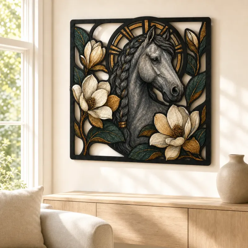 Braided Gray Horse with White Magnolia Flowers Colorful Metal Wall Art
