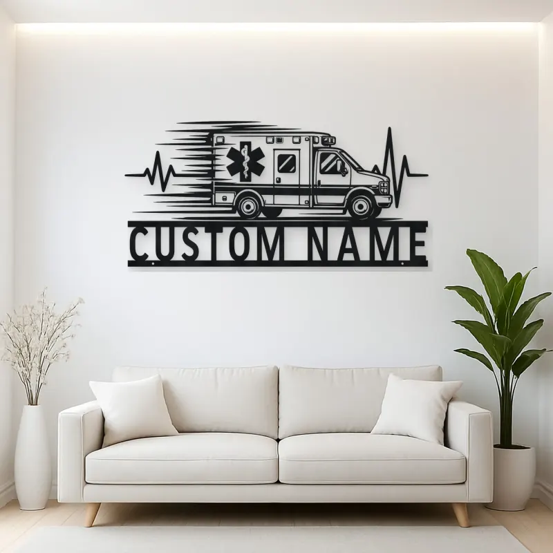 Personalized Side View Ambulance Heartbeat Metal Wall Art