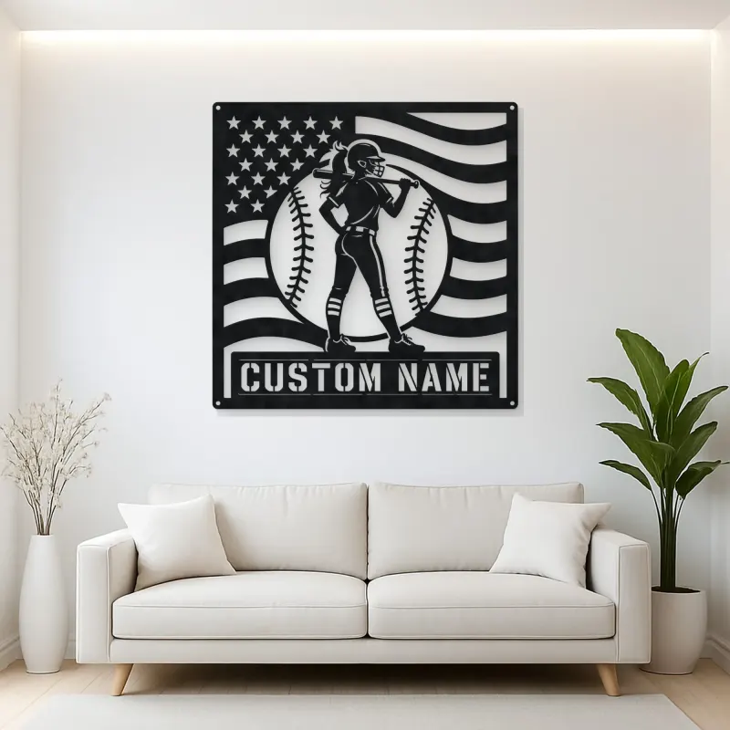 Personalized Female Softball Player Bat on Shoulder Metal Wall Art