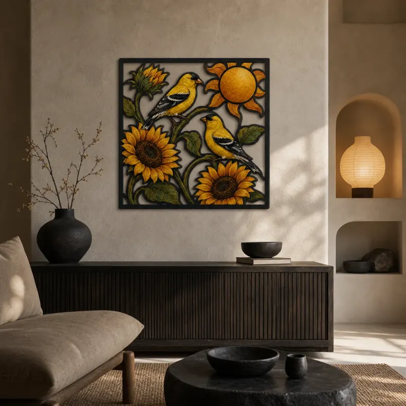 Goldfinch Pair with Sunflowers and Golden Sun Colorful Metal Wall Art
