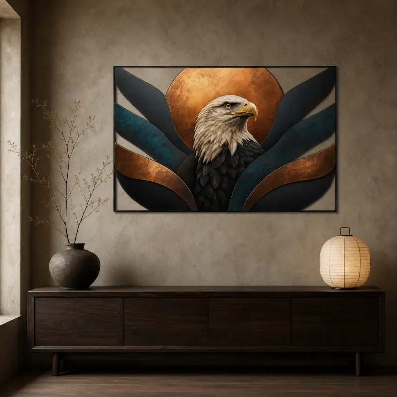 Bald Eagle Portrait with Abstract Copper Sun Colorful Metal Wall Art