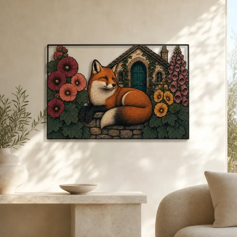Red Fox beside Flowered Stone Cottage Colorful Metal Wall Art