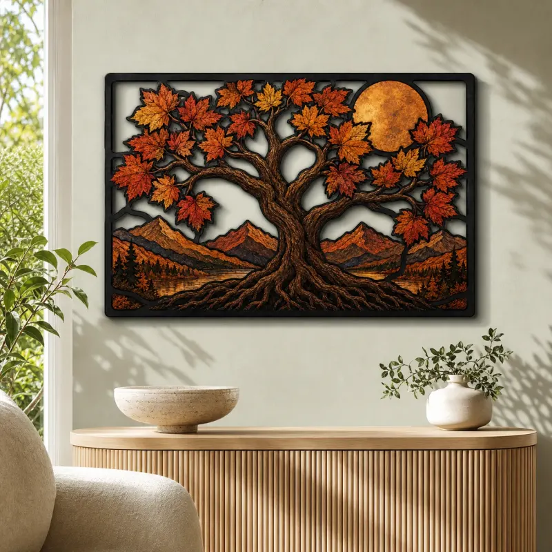 Autumn Maple Tree of Life in Mountains Colorful Metal Wall Art