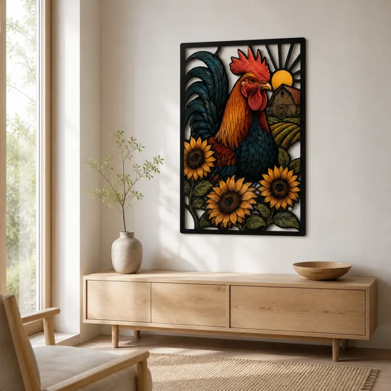 Colorful Rooster with Sunflowers by Rustic Barn Metal Wall Art