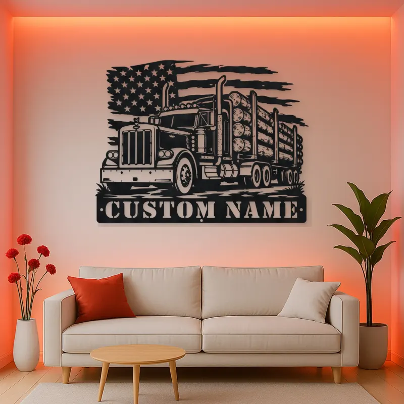 Personalized Logging Semi Truck Metal Wall Art with American Flag