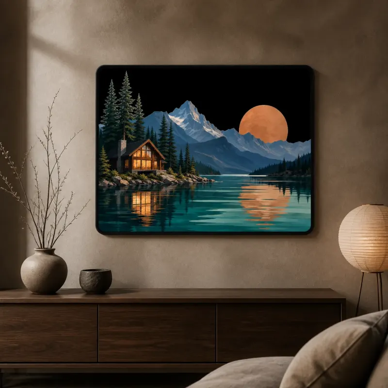 Mountain Lake Cabin beneath Copper Sunset Colorful Metal Wall Art