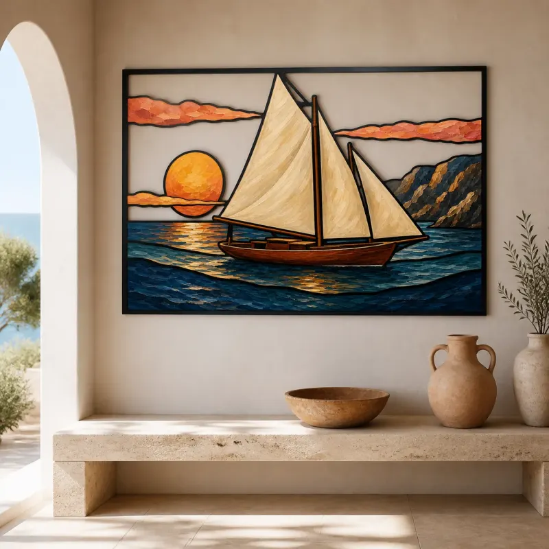 Sailboat on Mountain Lake at Sunset Colorful Metal Wall Art