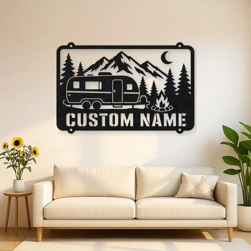 Personalized Camper Trailer Metal Wall Art with Mountain Camp