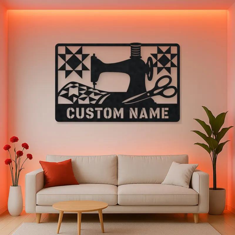 Personalized Sewing Machine Metal Wall Art with Quilt Details