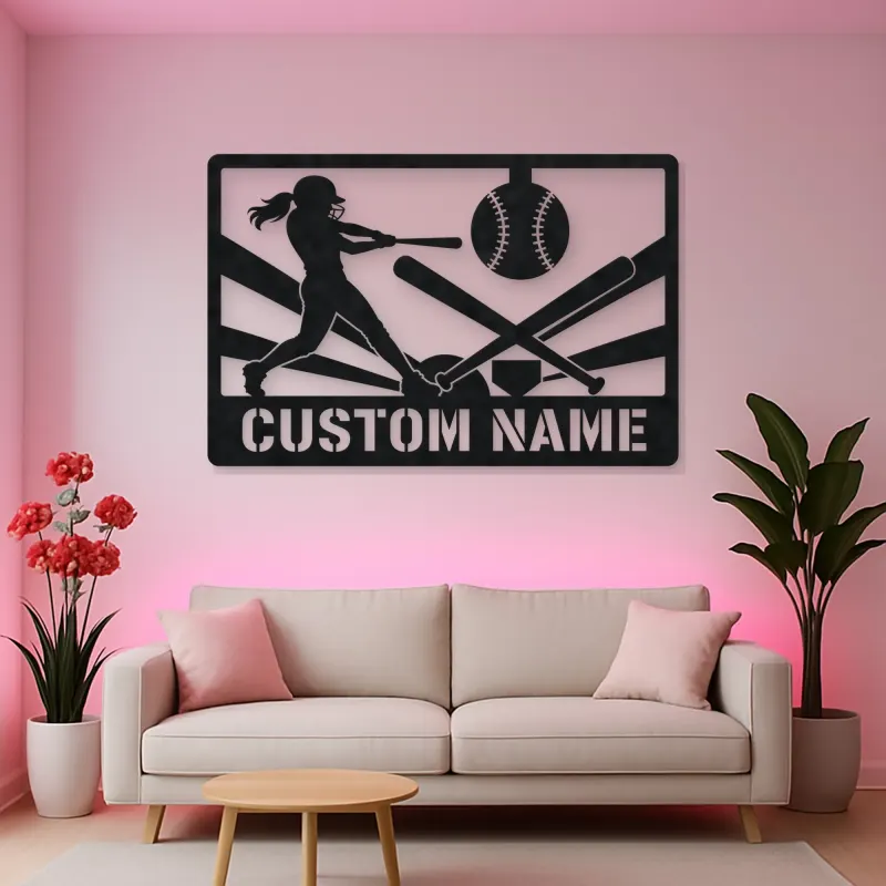 Personalized Softball Player Metal Wall Art with Crossed Bats