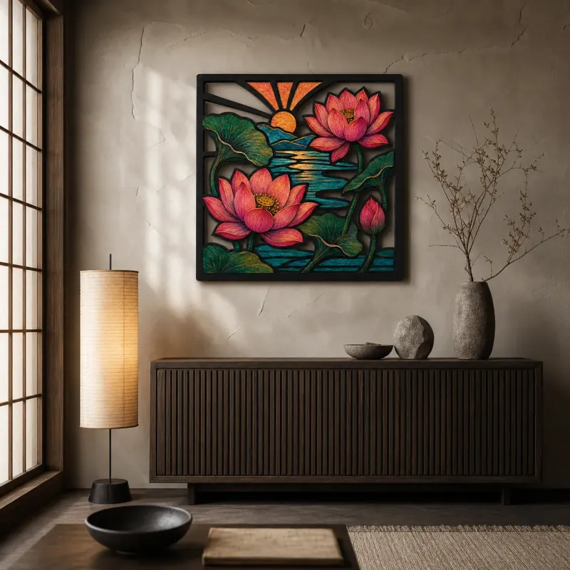 Pink Lotus Pond beneath Radiant Sunrise Colorful Metal Wall Art