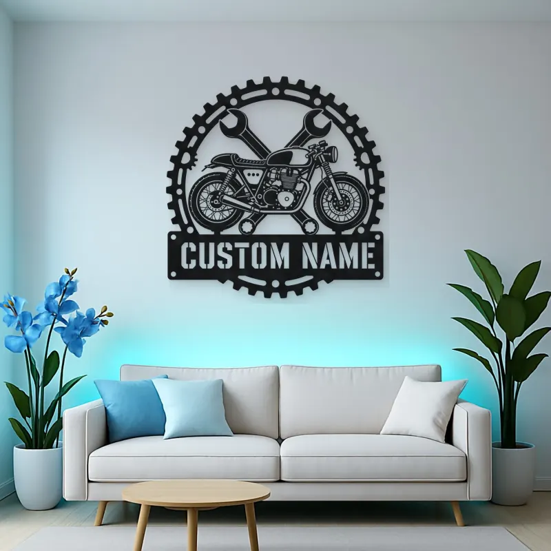Personalized Cafe Racer Motorcycle Wrench Gear Metal Wall Art
