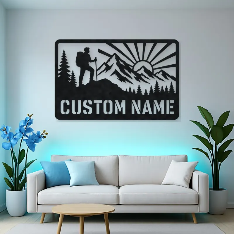 Personalized Mountain Hiker Metal Wall Art with Sunrise