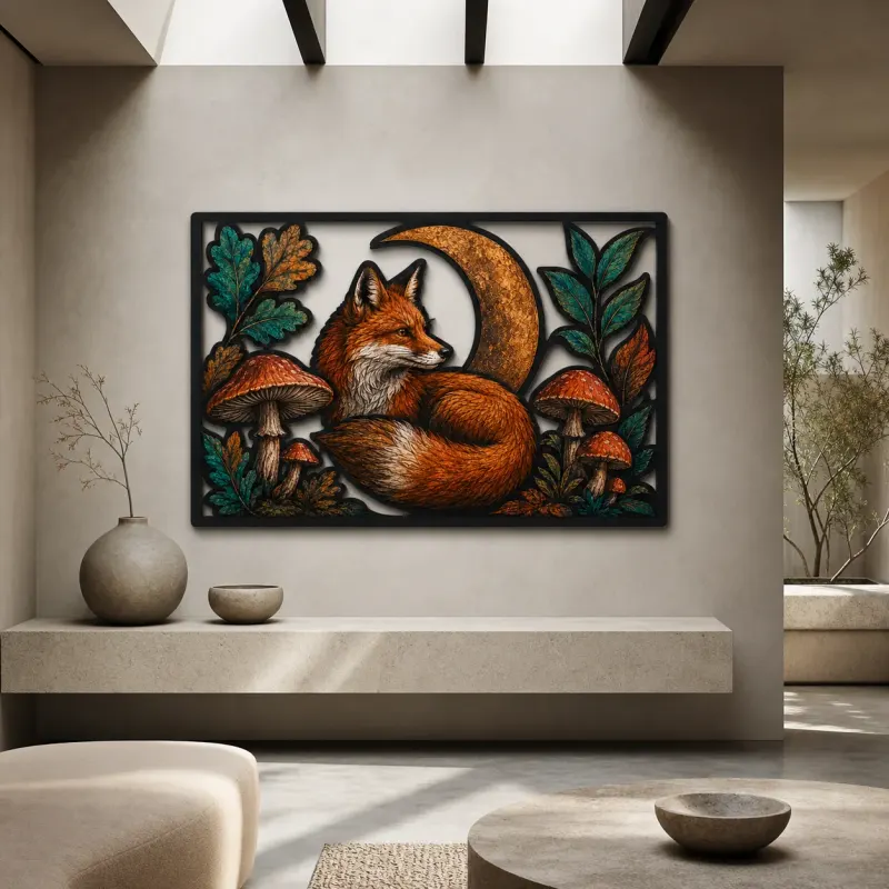 Red Fox with Mushrooms and Crescent Moon Colorful Metal Wall Art