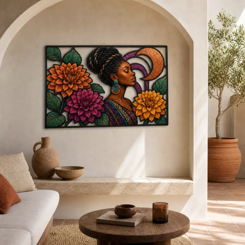 Afro Woman with Colorful Dahlias and Copper Circles Metal Wall Art