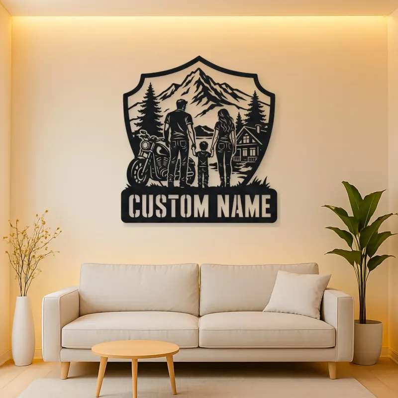 Personalized Family of Three Motorcycle Mountain Cabin Metal Wall Art