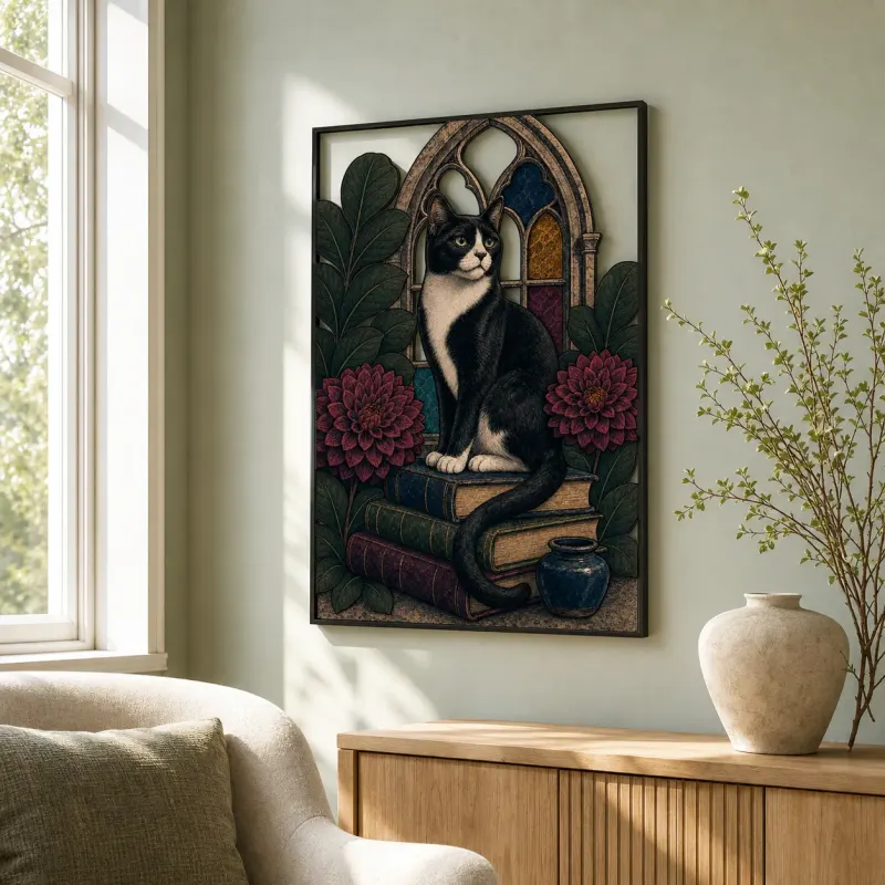 Tuxedo Cat on Books by Gothic Window Colorful Metal Wall Art