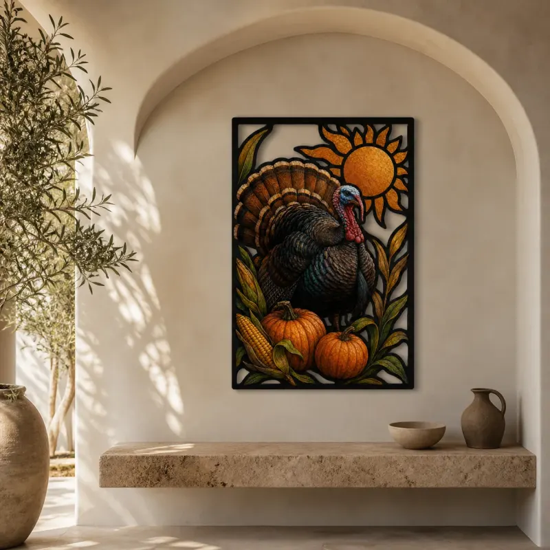 Thanksgiving Turkey with Pumpkins and Corn Colorful Metal Wall Art